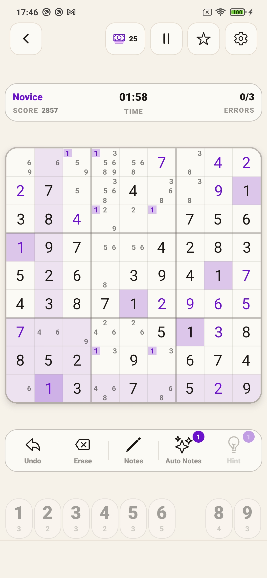 Daily Sudoku screenshot showing an in-progress board with Score, Time, Mistakes, and Level visible.